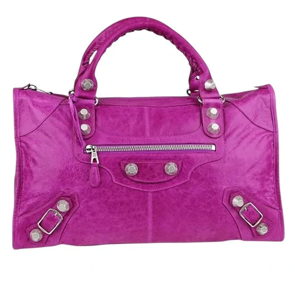 Auth Balenciaga large City Work Giant silver Hardware Magenta Lambskin Bag New - Picture 1 of 15